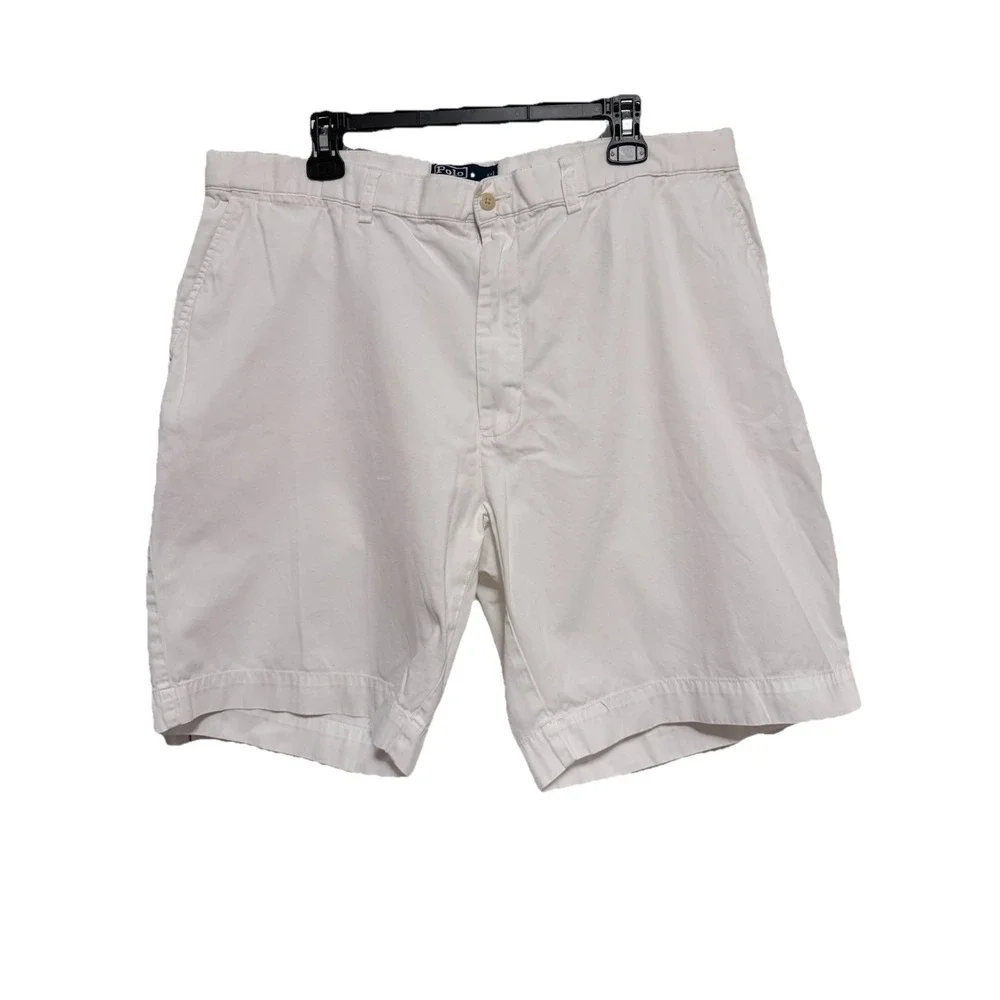 Polo Ralph Lauren Shorts Mens 40 White Solid Cotton Twill Flat Front Chino‎